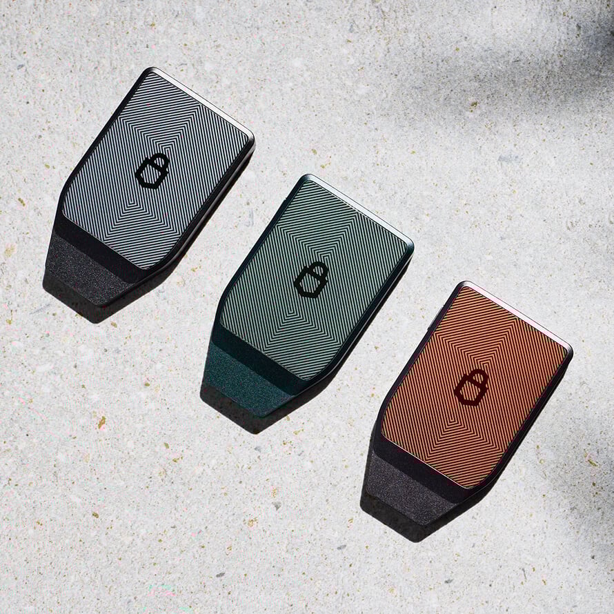 Trezor Safe 7 resting in a leather tray